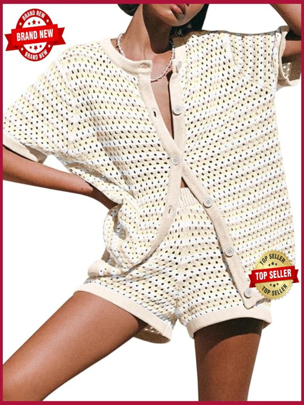 Crochet Knit 2 Piece Short Set Swimsuit Coverup Striped Short Sleeve